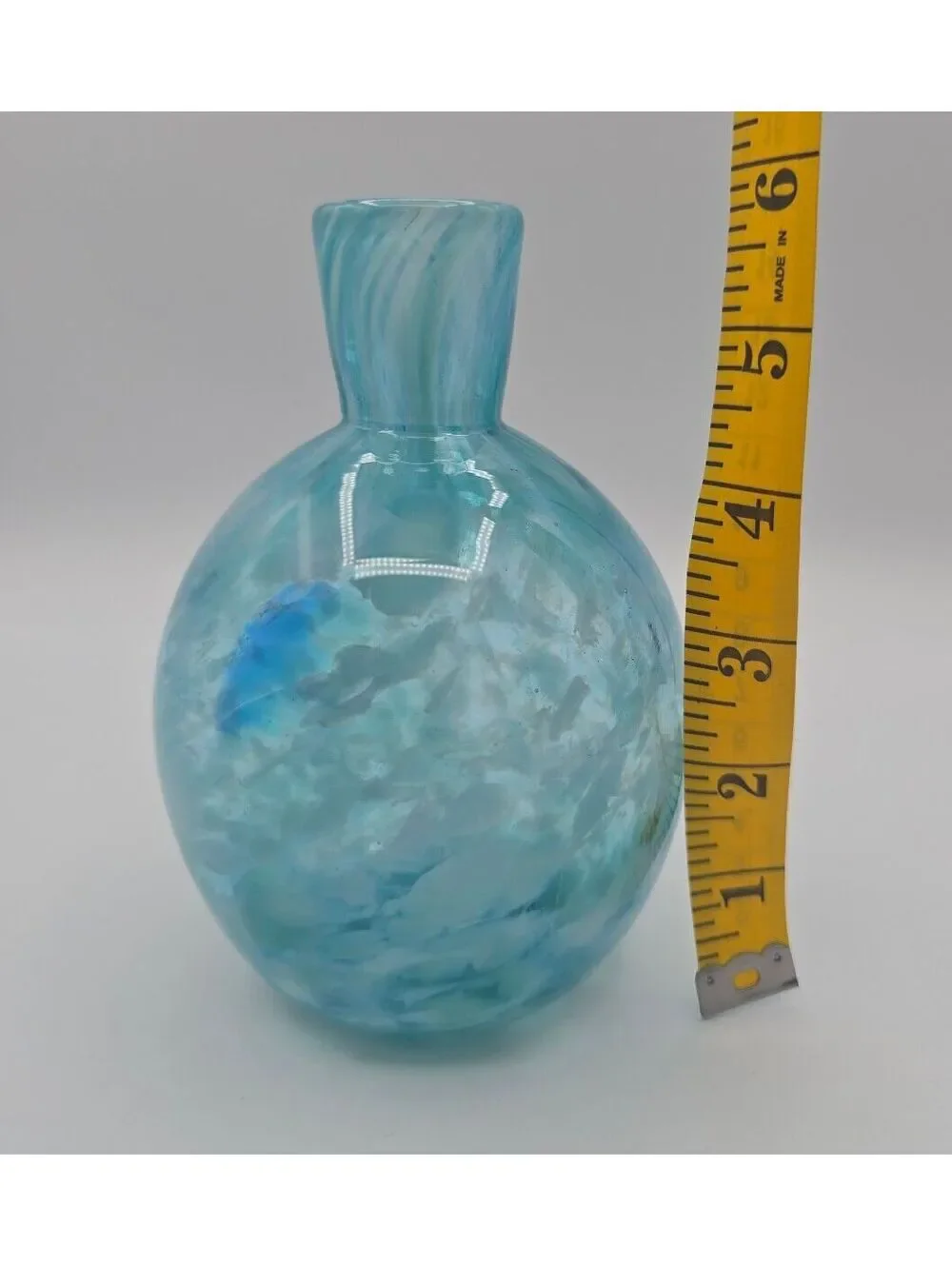Taryn Jayne Signed Hand Blown Art Glass Vase Aqua Blue White Studio Glass